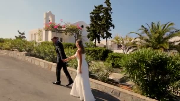 Sposi felici il giorno del matrimonio sullo sfondo dell'hotel — Video Stock