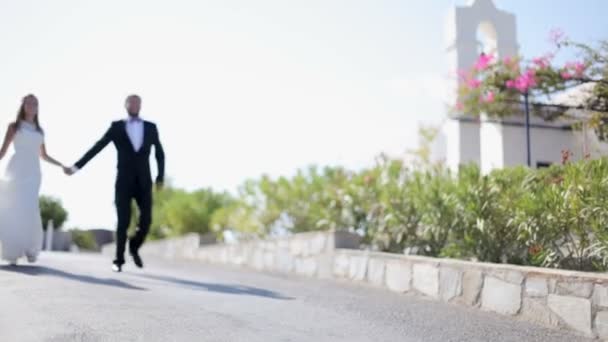 Glückliche Braut und Bräutigam beim Spaziergang im Park. Griechenland — Stockvideo