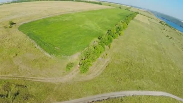 Panoramautsikt över den breda floden med branta banker, skog, blå himmel med vita moln återspeglas i vattnet. Flygfoto — Stockvideo