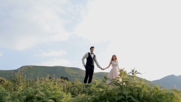 Šťastná nevěsta a ženich v pozadí hor — Stock video