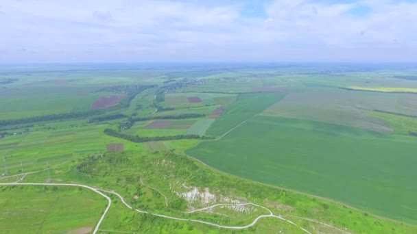 Το drone σιγά-σιγά ανεβαίνει πάνω από τα πεδία και τις χαράδρες. Θέα από ψηλά. Πράσινο της φύσης. Το καλοκαίρι — Αρχείο Βίντεο