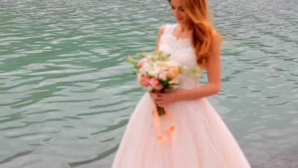 Beautiful bride against the background of mountains. Wedding day — Stock Video