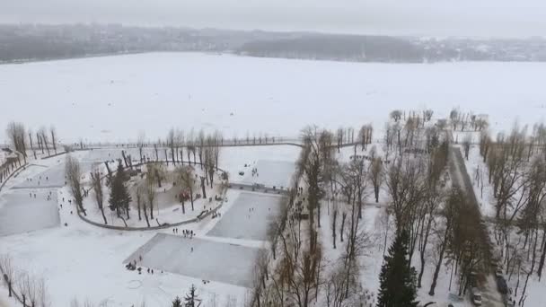 Прекрасний вид з повітря на зимовий парк і замерзле озеро. Люди відпочивають під відкритим небом, катаються на ковзанах, ловлять рибу . — стокове відео