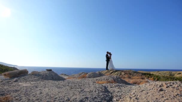 Noiva feliz e noivo na praia em seu dia de casamento. O conceito de uma vida familiar feliz — Vídeo de Stock