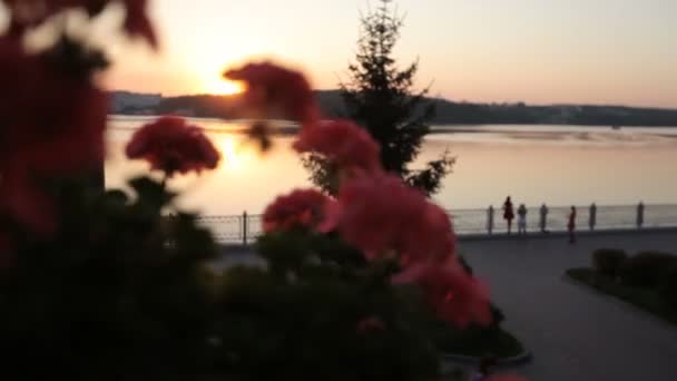 Schöne Aussicht auf den See und die Uferpromenade bei Sonnenuntergang. Menschen spazieren bei Sonnenuntergang über den malerischen Damm — Stockvideo
