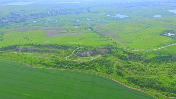 Aerial view from the window of the plane to the green fields and groves. Ukraine — Stock Video