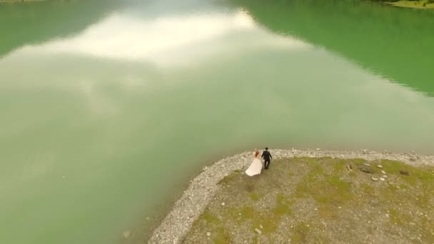 Luchtfoto. Mooie romantische wandeling van de pasgetrouwden in de buurt van de rivier — Stockvideo