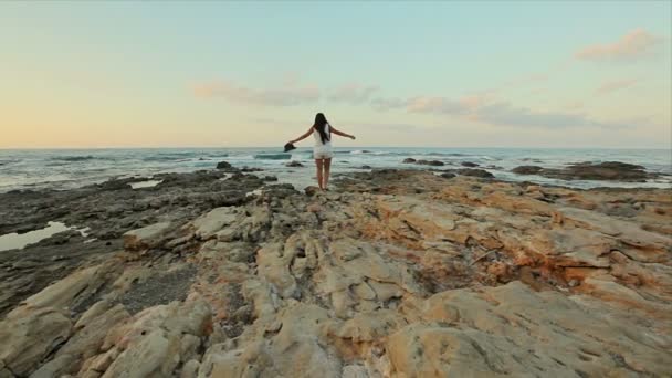 Romantic girl on the stone seashore and looks into the distance — Stock Video