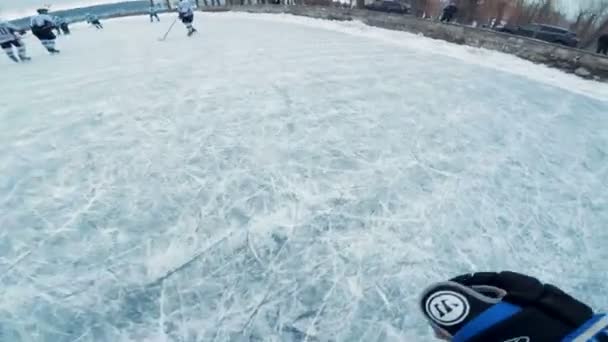 Review of the hockey game with an action packed camera on the head of a hockey player — Stock Video