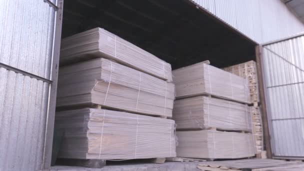 Produção de madeira compensada em uma fábrica de móveis. Sala de armazenamento com madeira compensada embalada — Vídeo de Stock