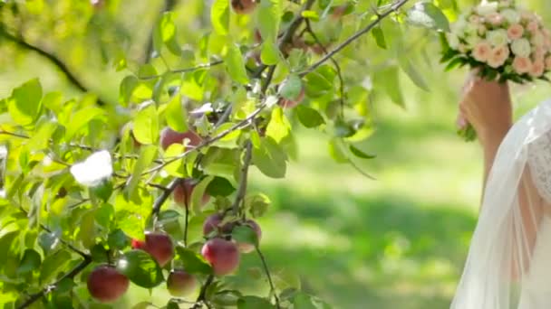 Szczęśliwa Panna Młoda w jabłuszkowym sadzie w dniu ślubu — Wideo stockowe