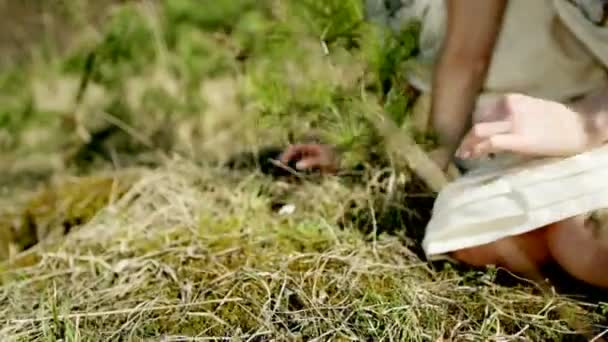 两个女孩在森林里休息，采花采草。尊重自然的概念。包扎. — 图库视频影像