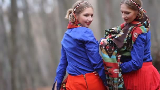 Twee grappige meisjes tweeling zitten in het bos op een log tegen de achtergrond van gevallen geel loof. — Stockvideo