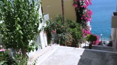 Tipik eski Yunan caddesi. Atmosferik çiçek duvarları ile dar sokak. Akdeniz renkleri ve güneşli sabah duygusu.