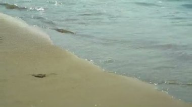 Yunanistan. İnce ıslak kum ile deniz plajında yayılan dalgalar