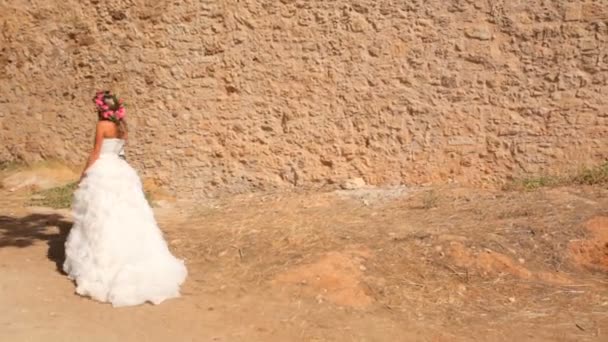 La novia y el novio están caminando en el parque cerca de la antigua fortaleza . — Vídeos de Stock