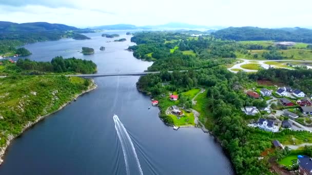 Uitzicht vanuit de lucht op een heel mooi Noors vissersdorp midden in het groene bos aan de rivier. Prachtig Noors landschap. — Stockvideo