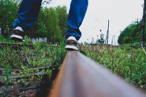Guy Walks Rails Concept Danger Walking Tracks — Stock Photo, Image