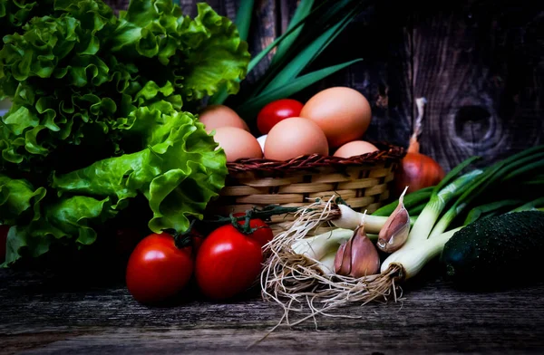 Naturaleza Muerta Las Verduras Granja Huerta Sobre Fondo Madera Vista — Foto de Stock