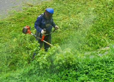 Bir adam, koruyucu bir üniformayla, benzin tırpanıyla çim biçiyor.