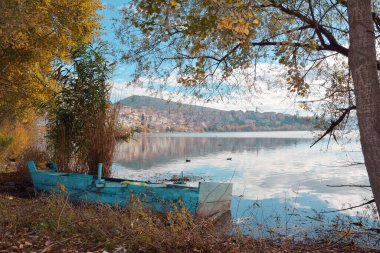 Orestiada, Kastoria Gölü kıyısında sonbahar yaprakları.