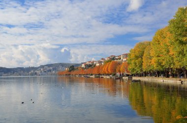 Kastoria Gölü Rıhtımı Sonbaharda Yunanistan 'ın Kastoria kentinde