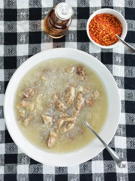 Patsa Soupe Grecque Traditionnelle Avec Une Bouteille Vinagar Ail Haché — Photo