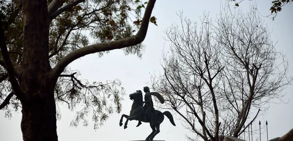 Silhouet Van Het Standbeeld Van Alexander Grote Door Boomtakken Thessaloniki — Stockfoto