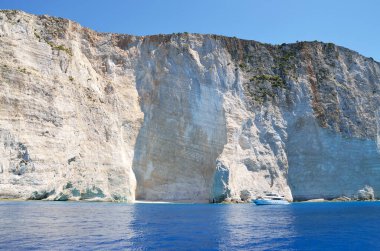 Zakynthos sahil şeridinde derin mavi suları olan sahil uçurumu manzarası