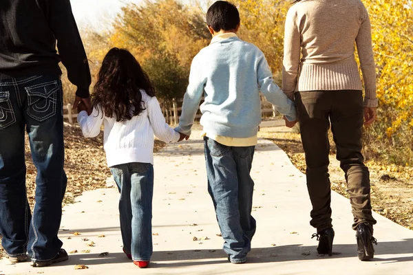 Rückansicht einer Familie beim Händchenhalten und Gehen. — Stockfoto