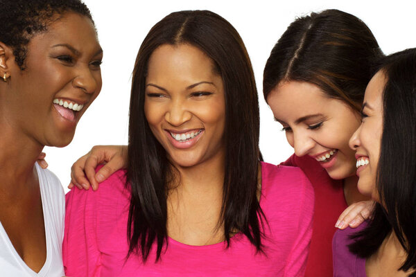 Diverse group of friends talking and laughing.