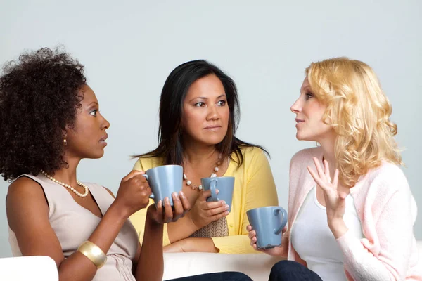 Mångskiftande grupp av vänner att ha kaffe och pratar. — Stockfoto