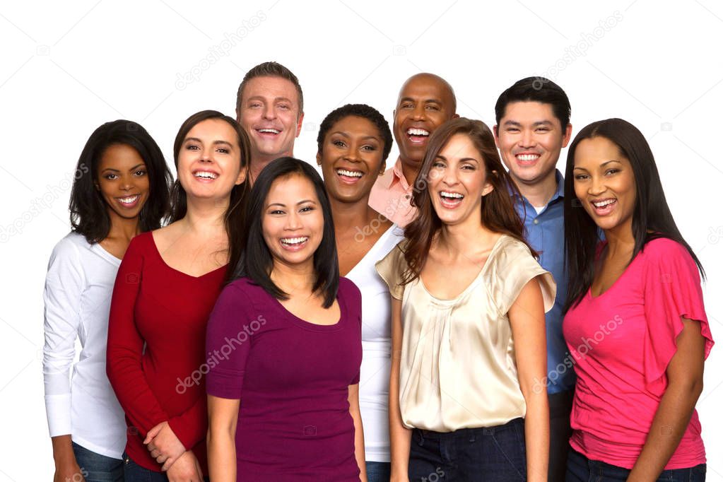 Diverse group of friends talking and laughing.