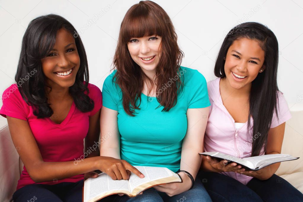 Diverse group of teenagers studing.