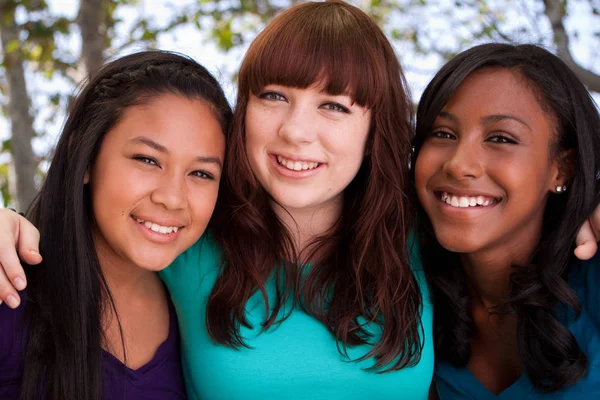 Diverse group of teens girls smiling.