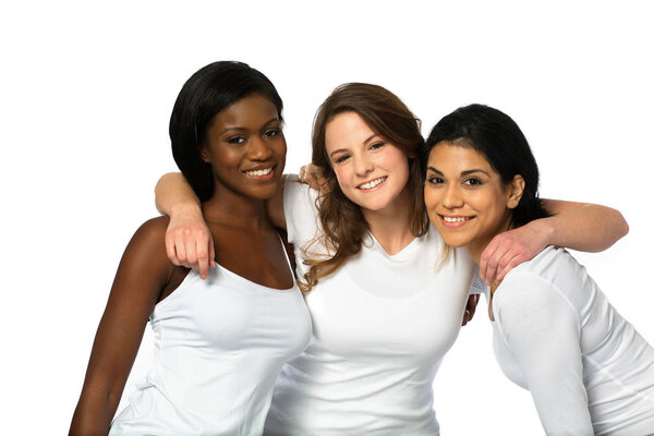 Happy and smiling multicultural woman isolated on white.