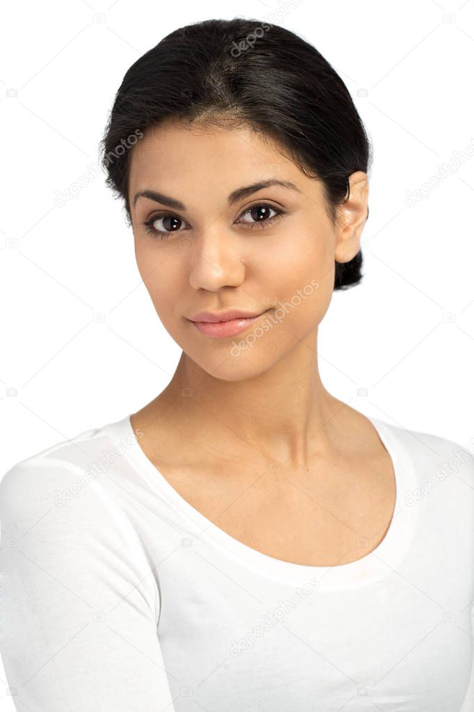 Confident woman with natural makeup isolated on white.