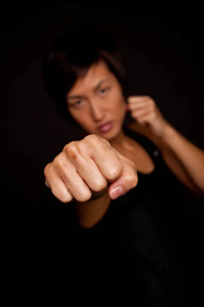 Asian Woman Kick Boxing Isolated Black — Stock Photo, Image