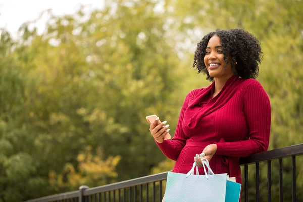 Prachtige Afrikaanse Amerikaanse vrouw winkelen en SMS. — Stockfoto