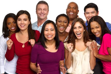 Diverse group of friends talking and laughing. clipart