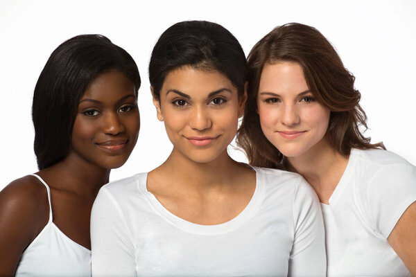 Happy and smiling multicultural woman isolated on white.