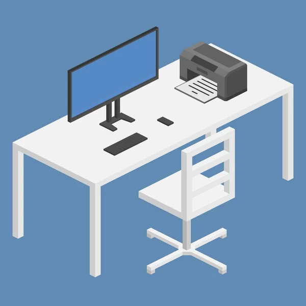 Flat Isometric Office Table Computer — Stock Vector