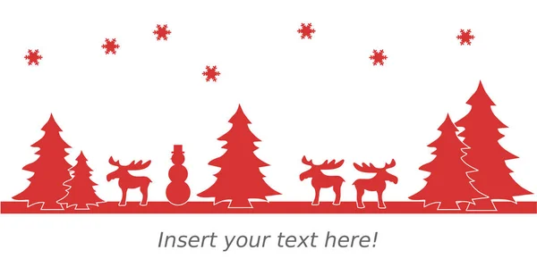 Ağaçlar, yıldızlar ve ren geyikleriyle dolu kırmızı beyaz bir Noel kartı.