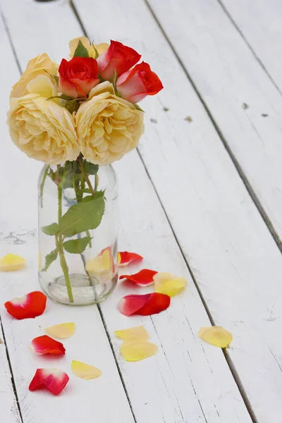 Red Rose Glass Bottle Wooden Table Petals — Stock Photo, Image