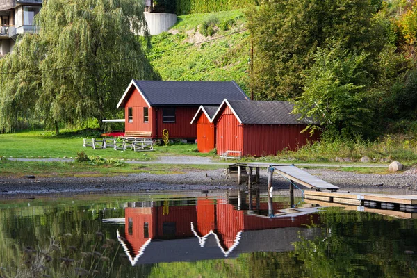 Wooden Houses Lake Red Traditional Constructions Oslo Norway — Stock Photo, Image