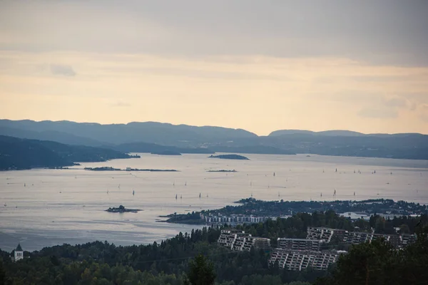 Oslo fiyortunun güzel manzarası. Mavi tonlarda tekneleri var. Norveç.