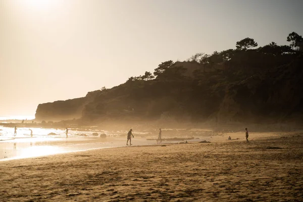 Falesia Sahili 'nin duvar kağıdı. Güneş batımında altın kum ve sis. Algarve, Portekiz..