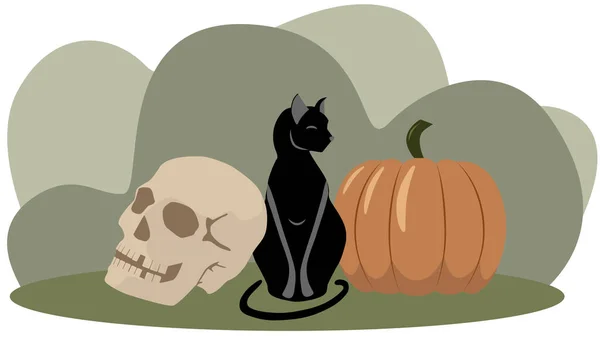  Arka planda kafatası, kedi ve balkabağı 