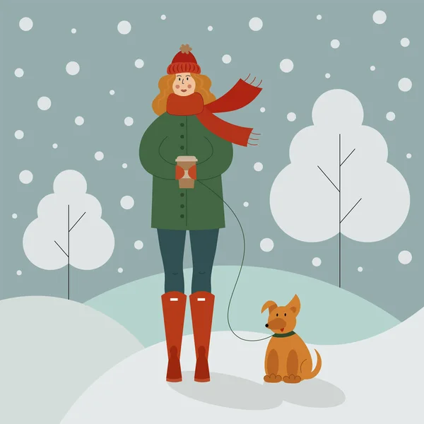 Vector illustration of a cute women in a hat and scarf with a hot drink in her hands, walking in the winter park with her dog in a snowfall. Winter outdoors.
