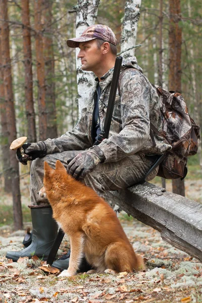 hunter with dog finnish spitz during the rest in mushroom forest